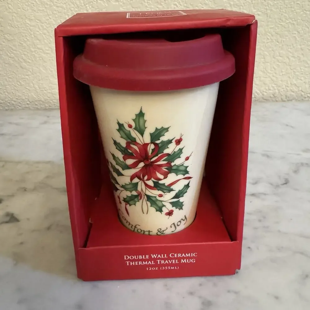 Lenox Travel Tumbler Coffee Cup Holiday Christmas Holly Design 12oz Comfort Joy‎